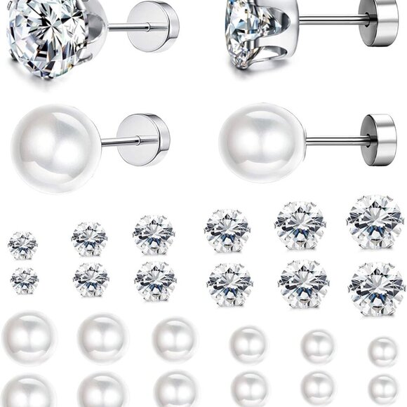 Versatile 12 Pair CZ & Pearl Earrings Set in Stainless Steel - Great for Gifting - Picture 1 of 7